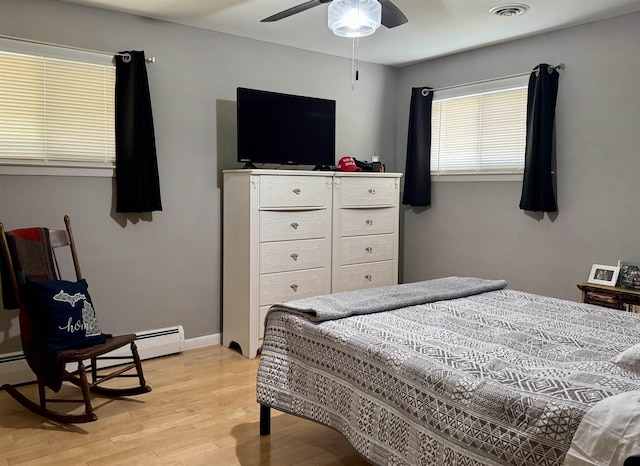 bedroom featuring visible vents, baseboards, light wood-type flooring, and ceiling fan