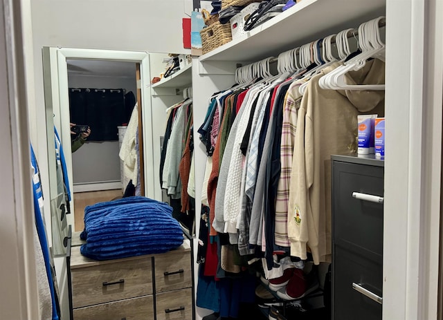 walk in closet with a baseboard radiator and wood finished floors