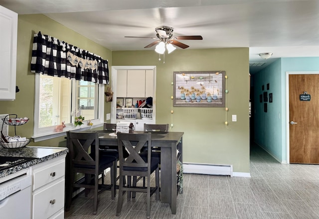 kitchen featuring dark countertops, baseboard heating, dishwasher, and white cabinetry