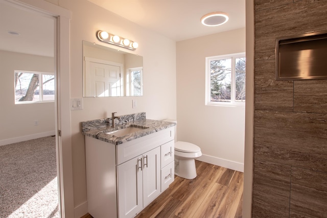 bathroom featuring toilet, vanity, baseboards, and wood finished floors