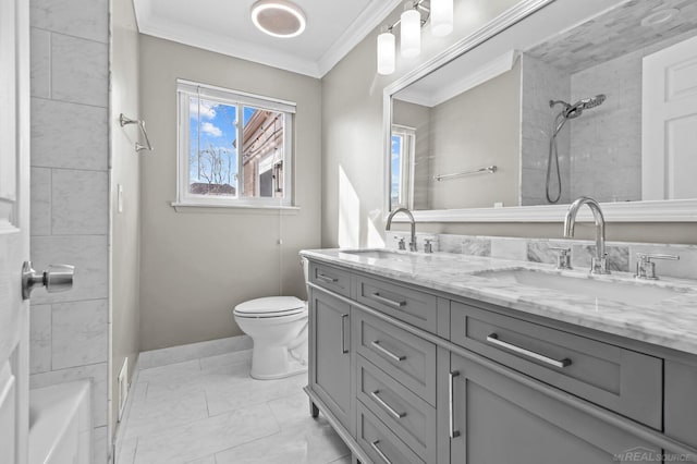 full bathroom featuring a sink, toilet, ornamental molding, and double vanity