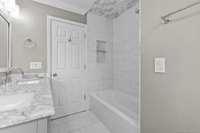 full bath featuring double vanity, ornamental molding, tile patterned flooring, a sink, and shower / bath combination