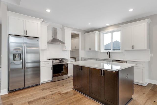 kitchen featuring light wood-style flooring, appliances with stainless steel finishes, white cabinetry, wall chimney range hood, and backsplash