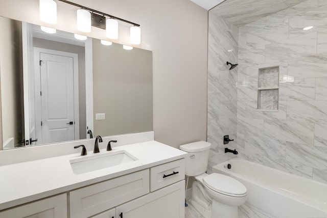 full bathroom with tub / shower combination, toilet, marble finish floor, and vanity