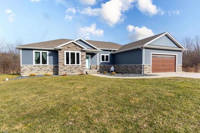 craftsman inspired home with a shingled roof, a front lawn, concrete driveway, a garage, and stone siding