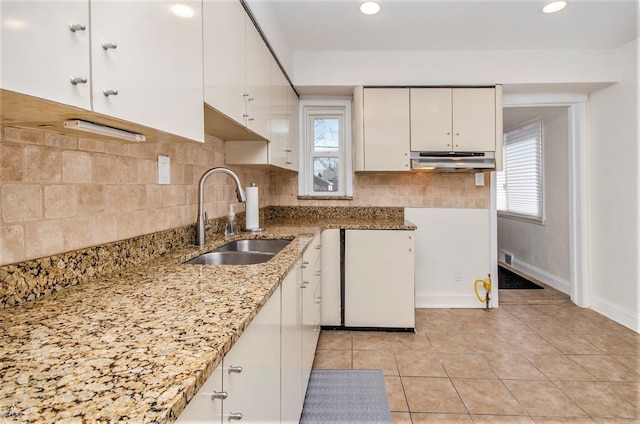 kitchen featuring white cabinetry, tasteful backsplash, a wealth of natural light, and a sink