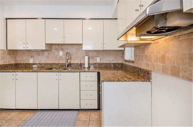 kitchen featuring tasteful backsplash, white cabinetry, under cabinet range hood, and a sink