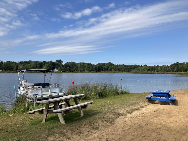 dock area with a wooded view and a water view