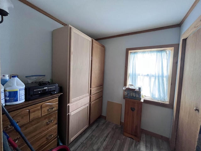 bedroom with dark wood-style floors, baseboards, and ornamental molding