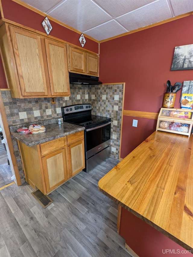 kitchen with visible vents, stainless steel range with electric stovetop, under cabinet range hood, dark wood finished floors, and wooden counters