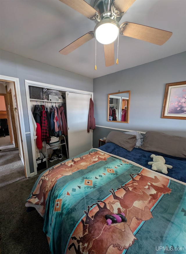 bedroom with carpet flooring, a ceiling fan, and a closet