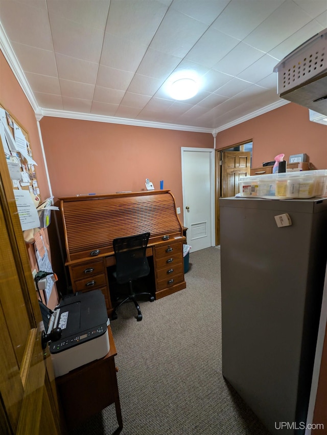 office with crown molding and carpet flooring