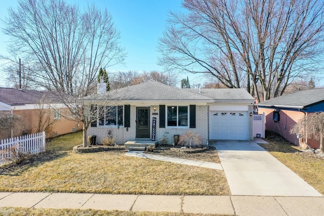 view of front facade featuring fence, an attached garage, concrete driveway, a front lawn, and brick siding