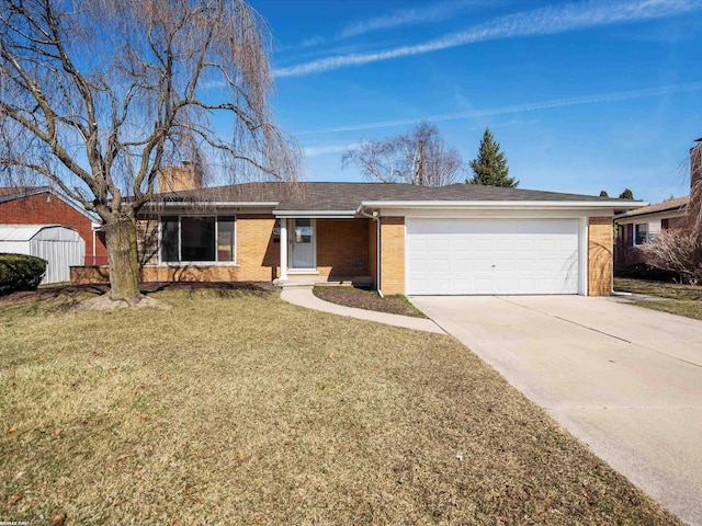 ranch-style home featuring concrete driveway, brick siding, a garage, and a front lawn