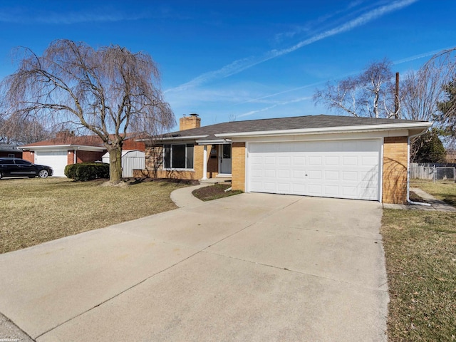 single story home with a front lawn, fence, concrete driveway, a garage, and a chimney