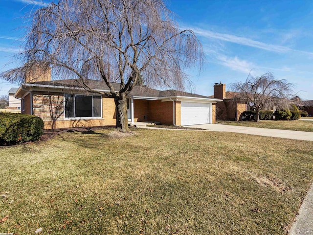 ranch-style house with concrete driveway, a front yard, an attached garage, brick siding, and a chimney