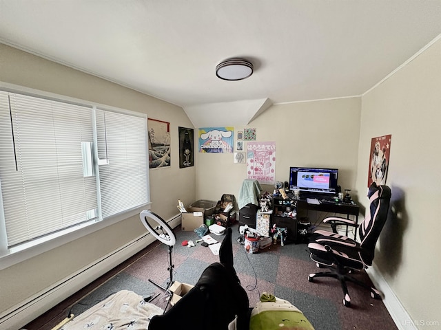 office with baseboards, lofted ceiling, and baseboard heating