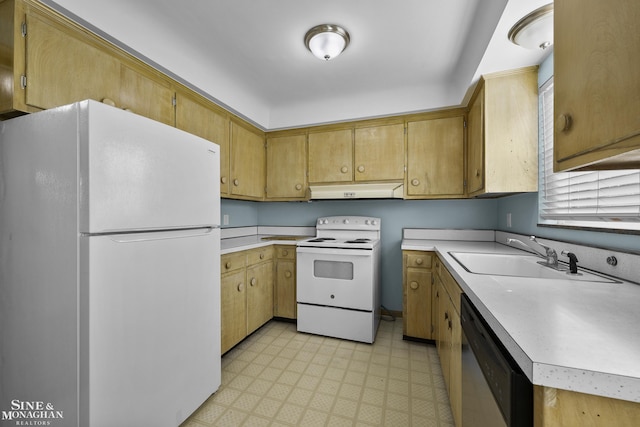 kitchen with white appliances, light floors, a sink, light countertops, and under cabinet range hood