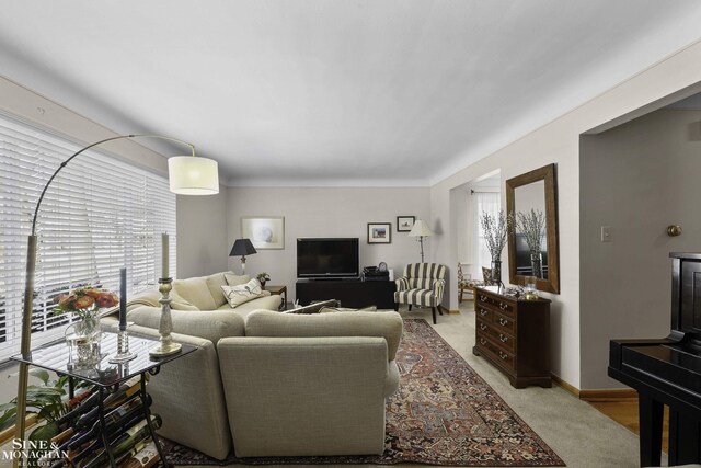 living room featuring baseboards and light carpet