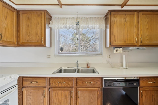 kitchen featuring light countertops, black dishwasher, electric stove, and a sink