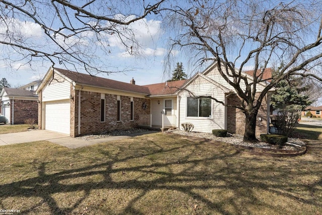 view of front of property with brick siding, an attached garage, driveway, and a front yard