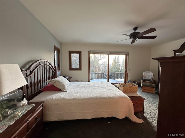 bedroom with ceiling fan, carpet, and access to exterior