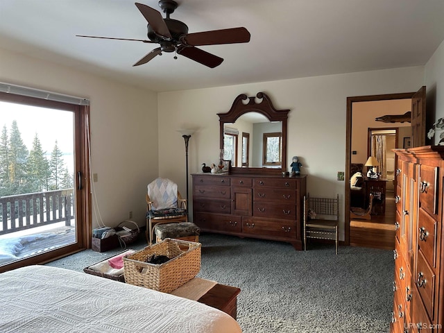 carpeted bedroom with a ceiling fan and access to outside