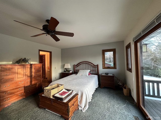 carpeted bedroom featuring access to exterior and a ceiling fan