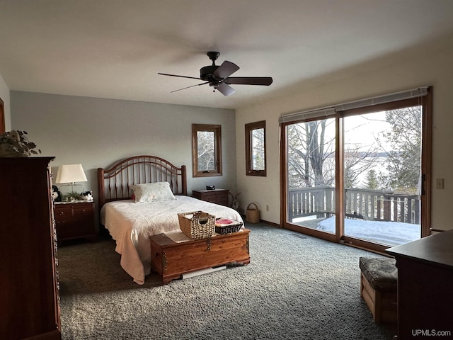 carpeted bedroom with access to exterior and a ceiling fan