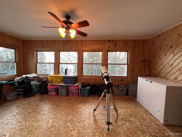 interior space featuring a ceiling fan, a healthy amount of sunlight, and wood walls