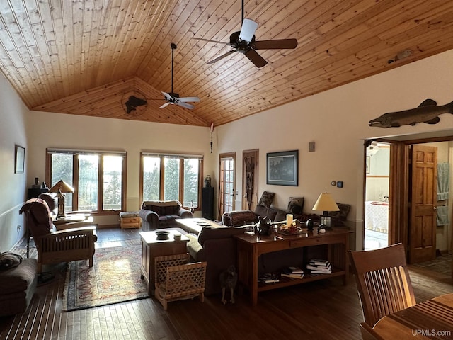 living room with hardwood / wood-style floors, high vaulted ceiling, wood ceiling, and ceiling fan