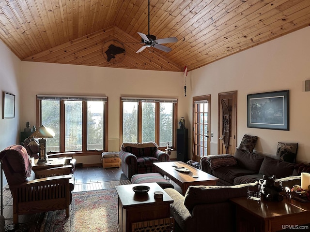 living area with wood ceiling, a ceiling fan, and high vaulted ceiling