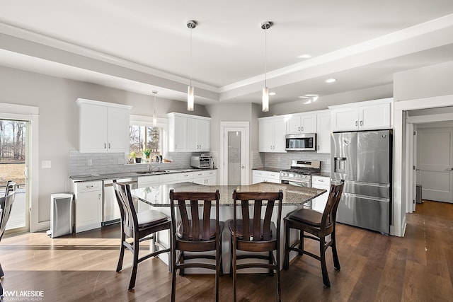 kitchen featuring dark wood finished floors, a raised ceiling, a kitchen bar, and stainless steel appliances