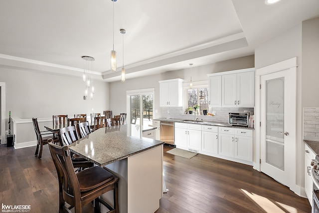 kitchen featuring dark wood finished floors, a tray ceiling, decorative backsplash, a kitchen breakfast bar, and stainless steel dishwasher