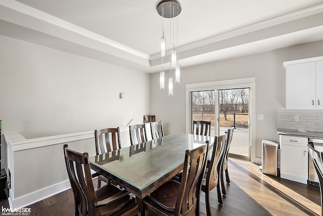 dining room with baseboards, a raised ceiling, and dark wood-type flooring