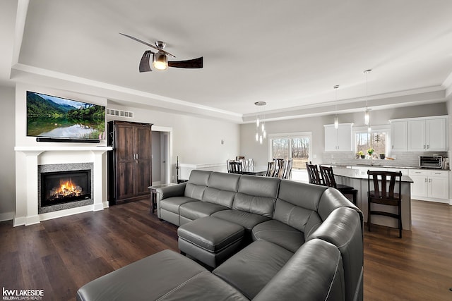 living area with visible vents, a ceiling fan, dark wood finished floors, a toaster, and a raised ceiling