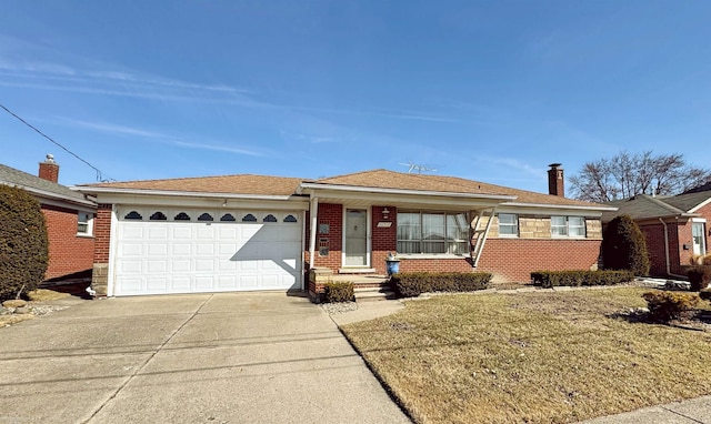 single story home with a garage, brick siding, a chimney, and driveway