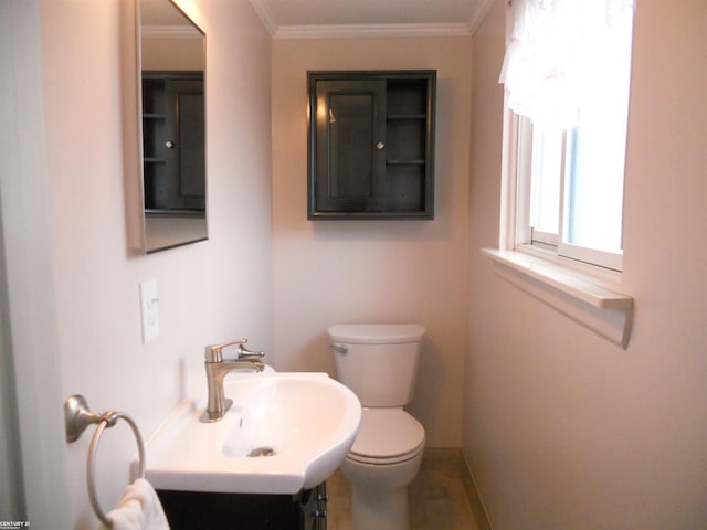 half bath with vanity, toilet, and ornamental molding