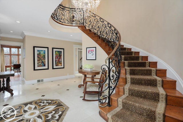 stairway featuring crown molding, recessed lighting, visible vents, and baseboards