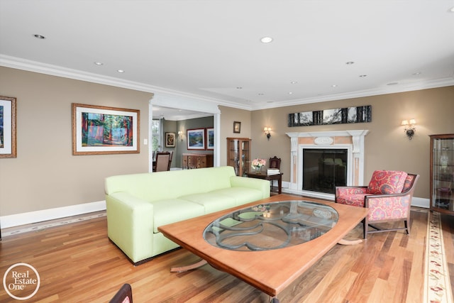 living area featuring light wood-type flooring, baseboards, a premium fireplace, and crown molding