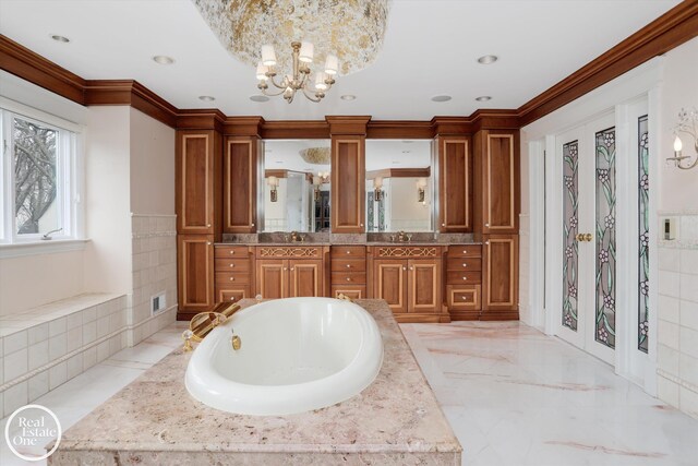 bathroom with visible vents, a notable chandelier, marble finish floor, crown molding, and vanity