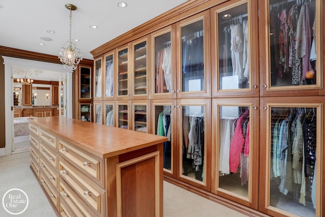 spacious closet featuring light carpet and a notable chandelier