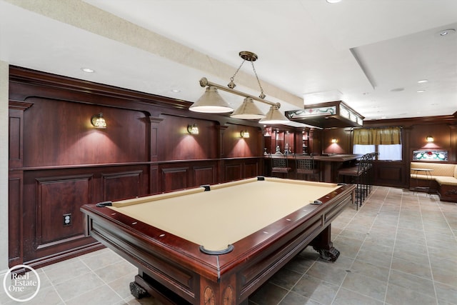 game room featuring pool table, light tile patterned floors, and recessed lighting