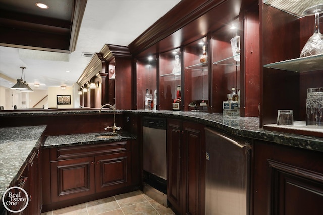 bar with visible vents, a sink, stairway, light tile patterned floors, and indoor wet bar