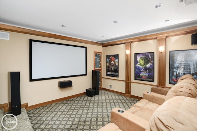 cinema featuring recessed lighting, visible vents, baseboards, and carpet