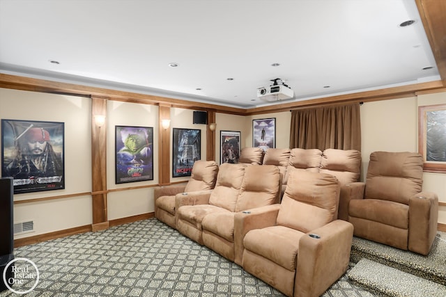 home theater room with recessed lighting, baseboards, and carpet floors