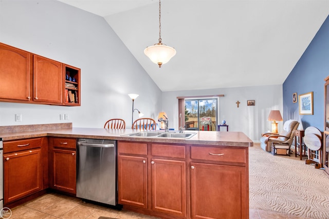 kitchen with decorative light fixtures, brown cabinets, a peninsula, stainless steel dishwasher, and a sink