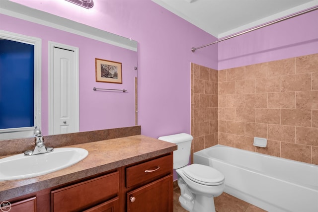 full bath featuring shower / bathing tub combination, toilet, vanity, and tile patterned flooring