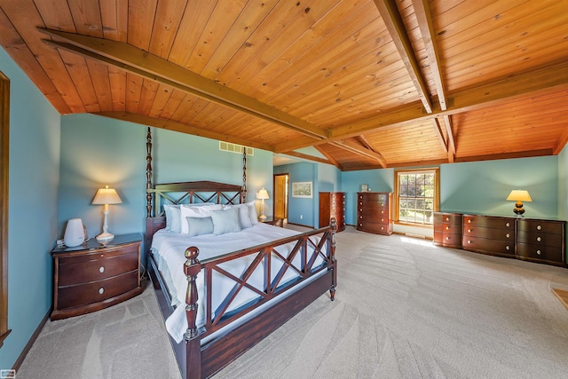 carpeted bedroom with wooden ceiling, vaulted ceiling with beams, and visible vents