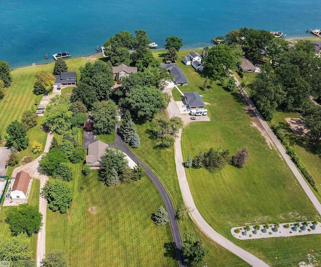 drone / aerial view featuring a water view